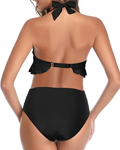 Adjustable Halter Neck Two Piece Swimsuits-Black