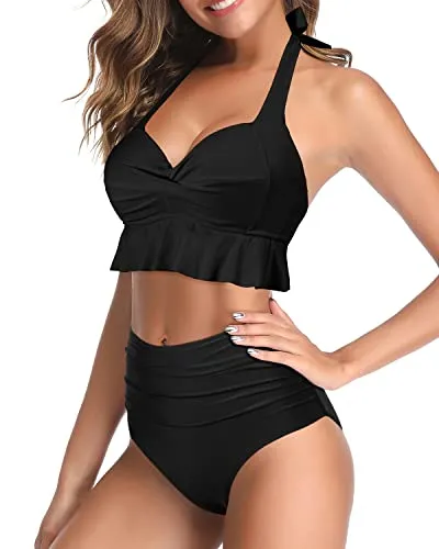Adjustable Halter Neck Two Piece Swimsuits-Black