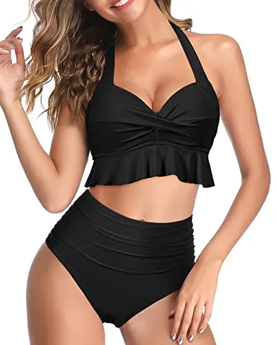 Adjustable Halter Neck Two Piece Swimsuits-Black