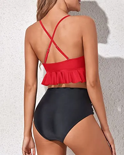 Adjustable Strap Two Piece Tummy Control Bikini For Women-Neon Red