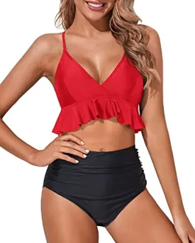 Adjustable Strap Two Piece Tummy Control Bikini For Women-Neon Red