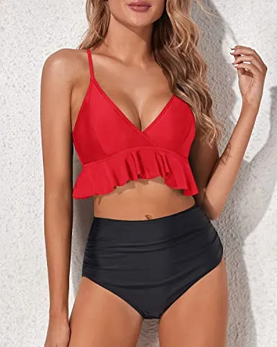 Adjustable Strap Two Piece Tummy Control Bikini For Women-Neon Red