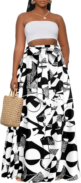 Afibi Womens Casual High Waist Tie Afican Print Long Maxi Skirt with Pockets