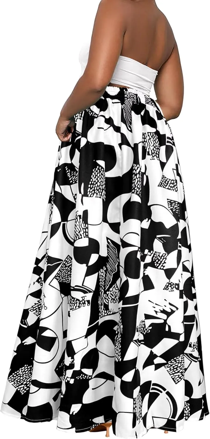 Afibi Womens Casual High Waist Tie Afican Print Long Maxi Skirt with Pockets