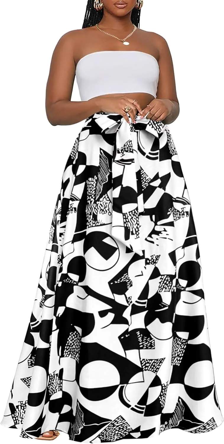 Afibi Womens Casual High Waist Tie Afican Print Long Maxi Skirt with Pockets