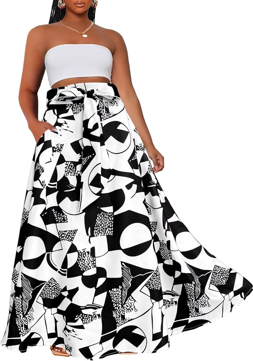 Afibi Womens Casual High Waist Tie Afican Print Long Maxi Skirt with Pockets