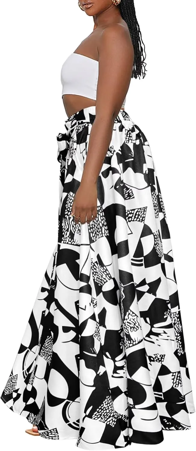 Afibi Womens Casual High Waist Tie Afican Print Long Maxi Skirt with Pockets