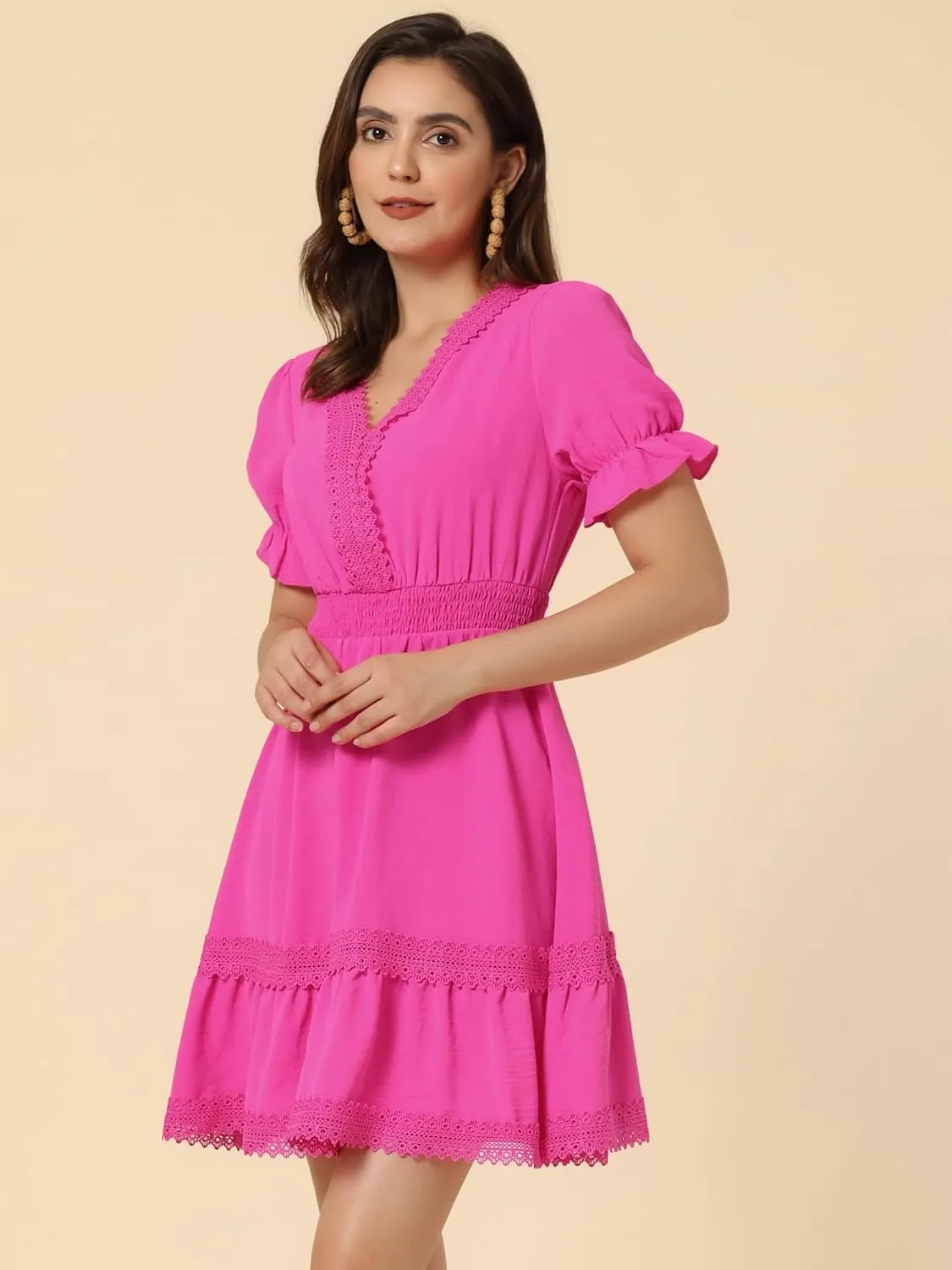 Allegra K Women's 2024 Summer Crochet Trim V Neck Casual Ruffled Tiered Smocked Boho Dress
