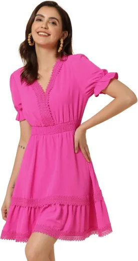 Allegra K Women's 2024 Summer Crochet Trim V Neck Casual Ruffled Tiered Smocked Boho Dress