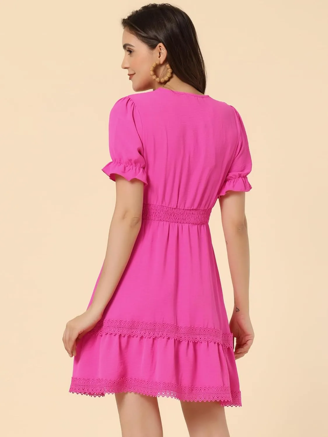 Allegra K Women's 2024 Summer Crochet Trim V Neck Casual Ruffled Tiered Smocked Boho Dress