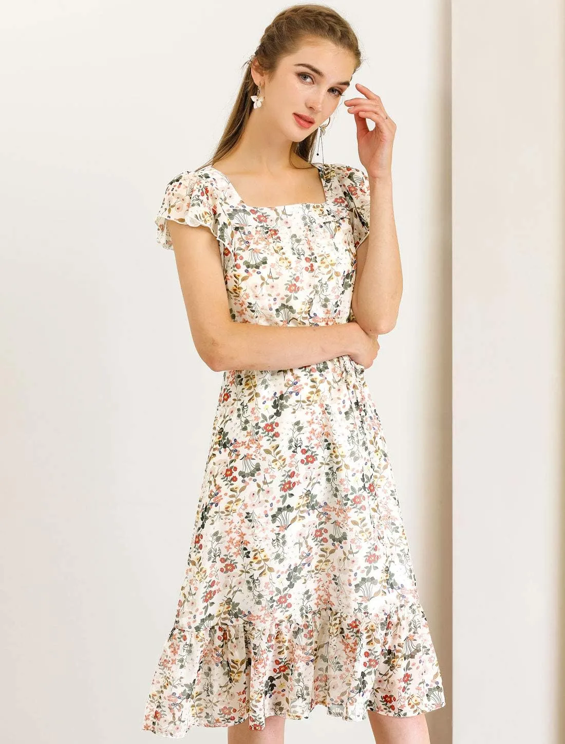 Allegra K Women's Midi Floral Chiffon Dress Flutter Sleeve Belted Square Neck Ruffled Dress
