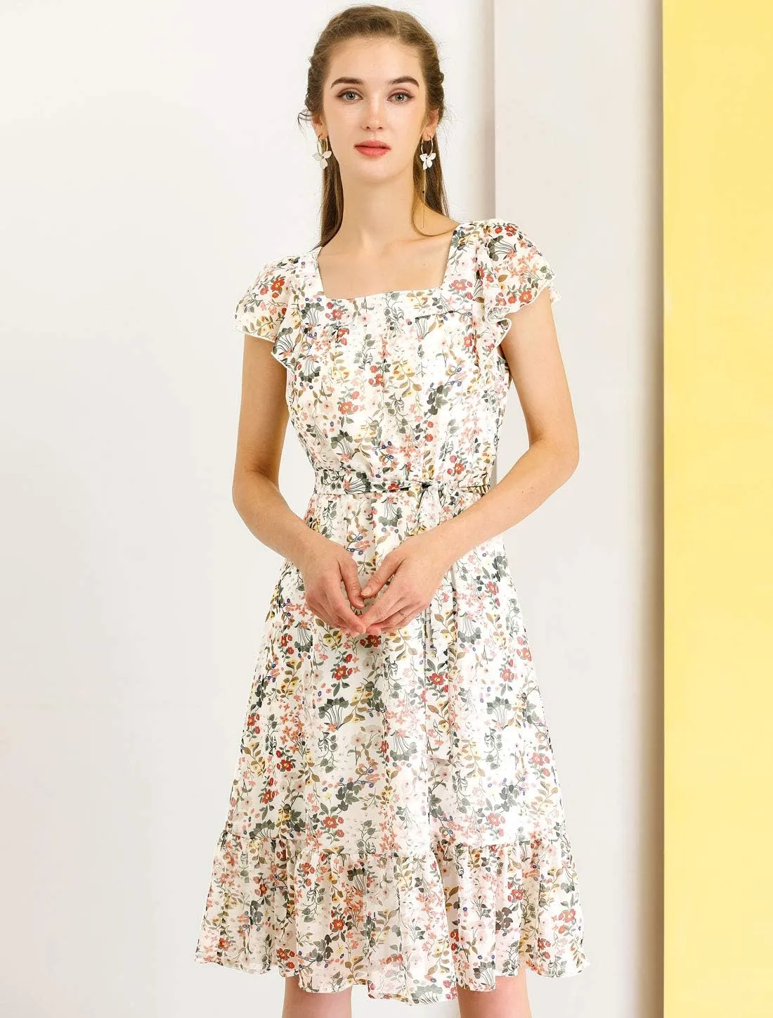 Allegra K Women's Midi Floral Chiffon Dress Flutter Sleeve Belted Square Neck Ruffled Dress