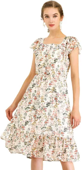 Allegra K Women's Midi Floral Chiffon Dress Flutter Sleeve Belted Square Neck Ruffled Dress