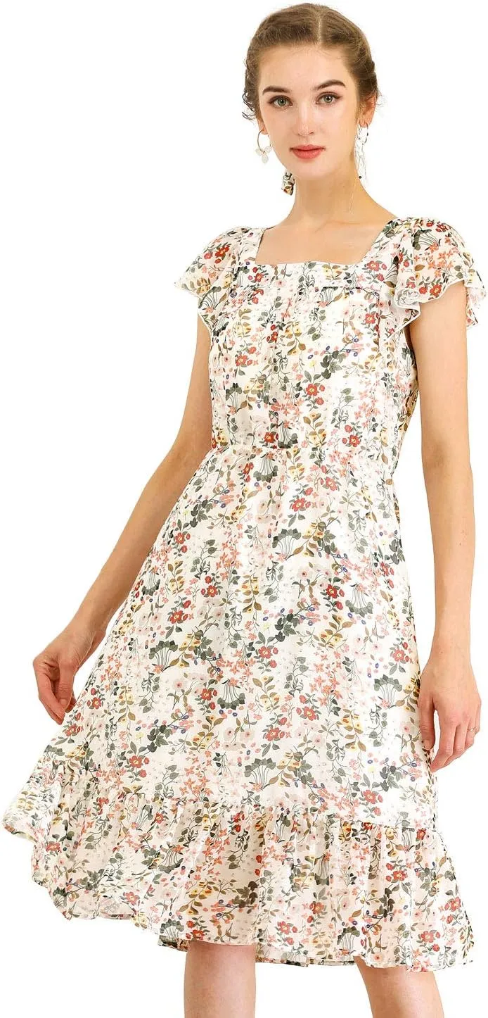 Allegra K Women's Midi Floral Chiffon Dress Flutter Sleeve Belted Square Neck Ruffled Dress