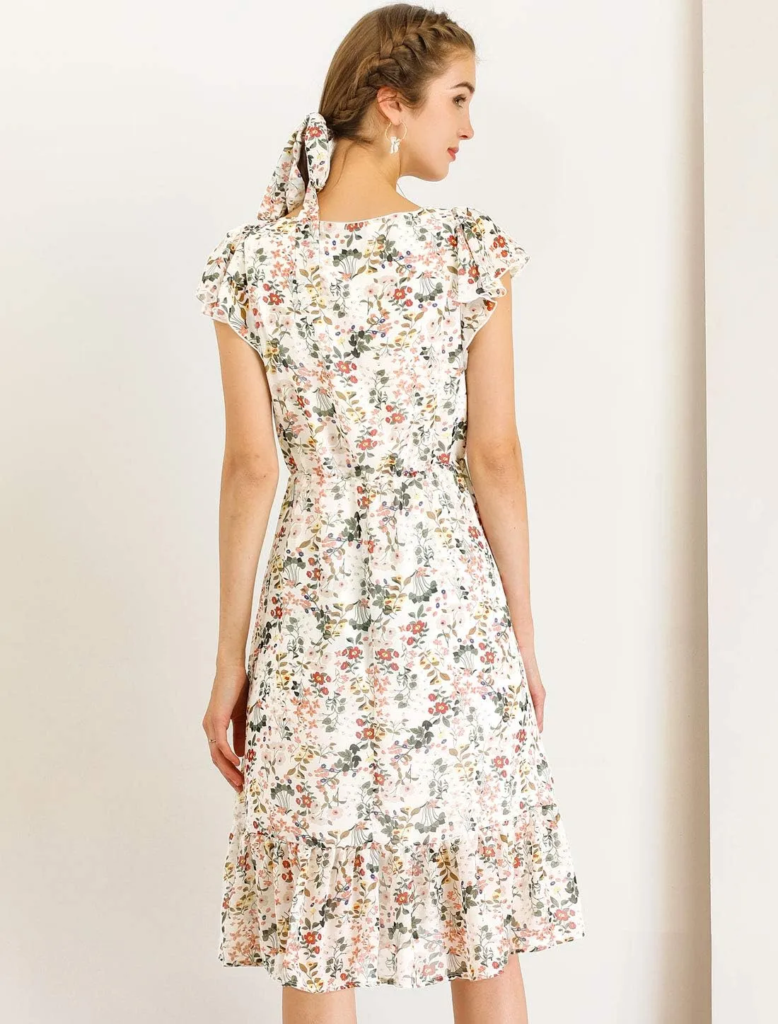 Allegra K Women's Midi Floral Chiffon Dress Flutter Sleeve Belted Square Neck Ruffled Dress