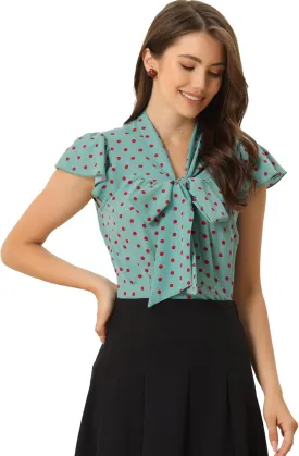 Allegra K Women's Polka Dots Tie Neck Blouse Summer Ruffled Cap Sleeve Office Top