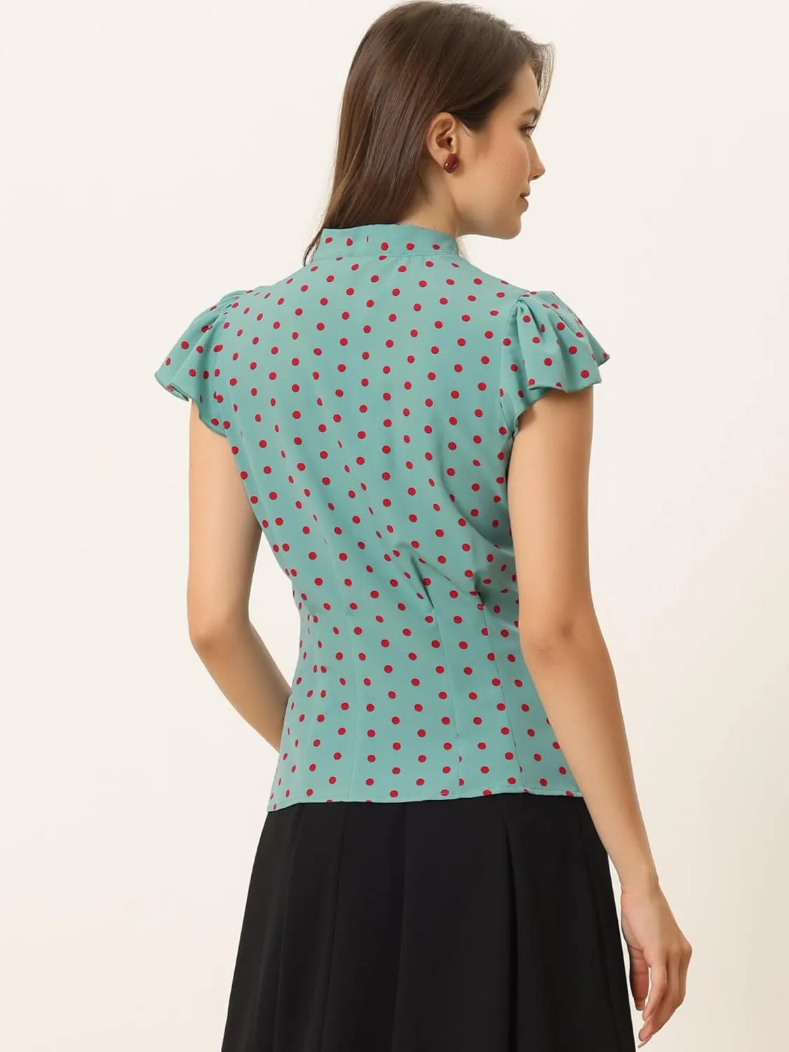 Allegra K Women's Polka Dots Tie Neck Blouse Summer Ruffled Cap Sleeve Office Top