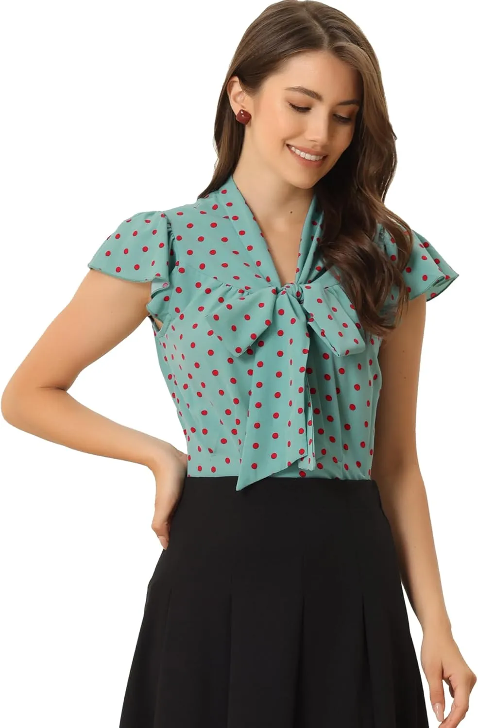 Allegra K Women's Polka Dots Tie Neck Blouse Summer Ruffled Cap Sleeve Office Top