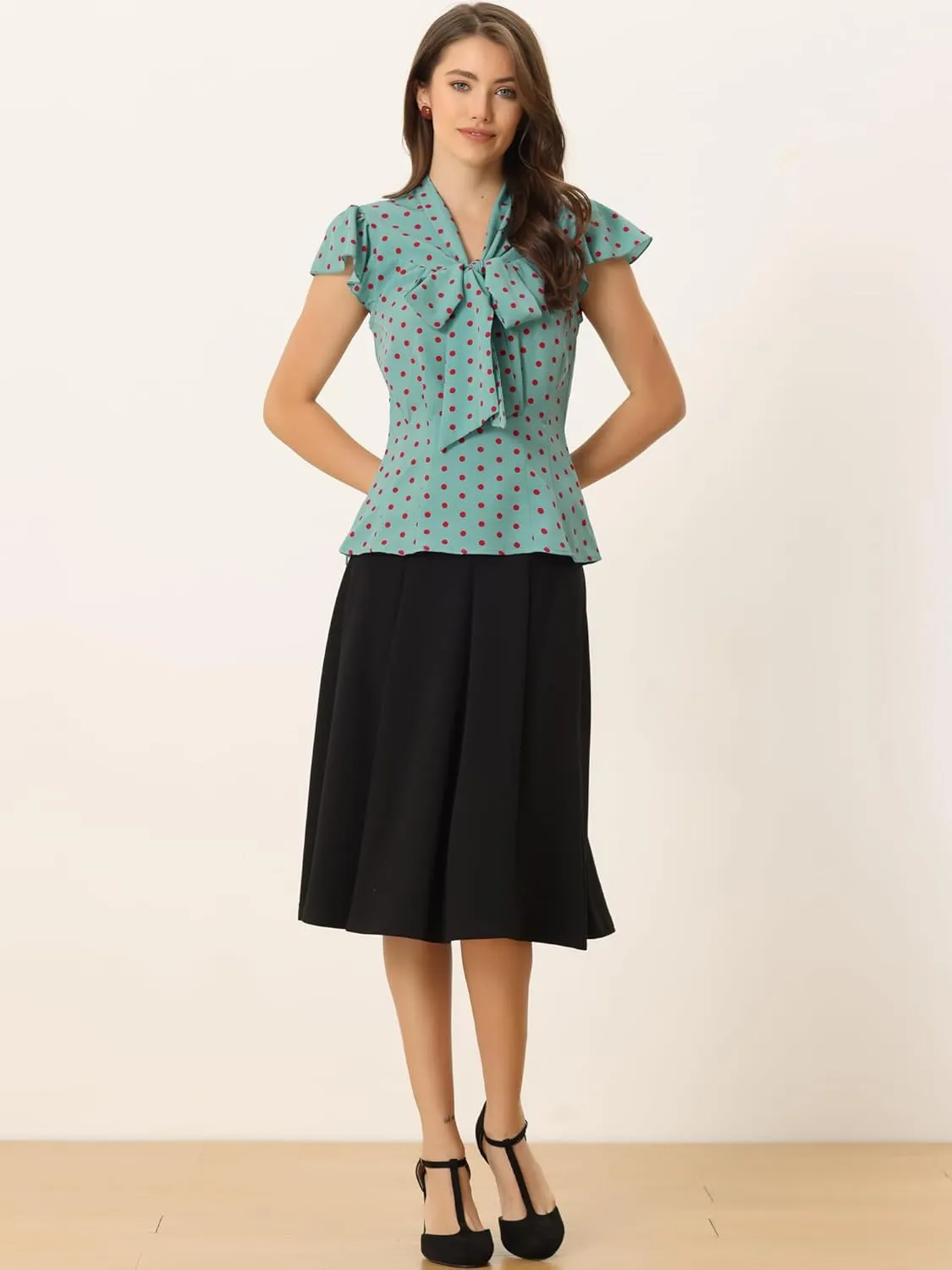 Allegra K Women's Polka Dots Tie Neck Blouse Summer Ruffled Cap Sleeve Office Top