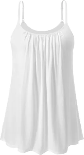 AMVELOP Camisole for Women Built in Bra Casual Pleated Cami Adjustable Spaghetti Strap Tank Top Loose Fit S-XXXXL