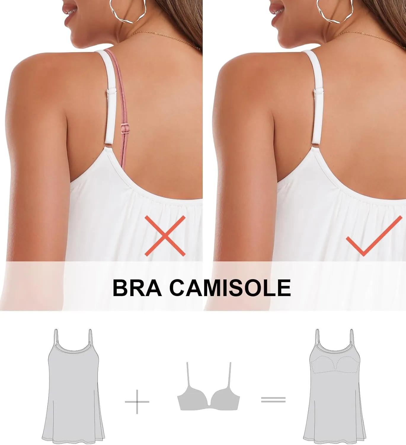 AMVELOP Camisole for Women Built in Bra Casual Pleated Cami Adjustable Spaghetti Strap Tank Top Loose Fit S-XXXXL