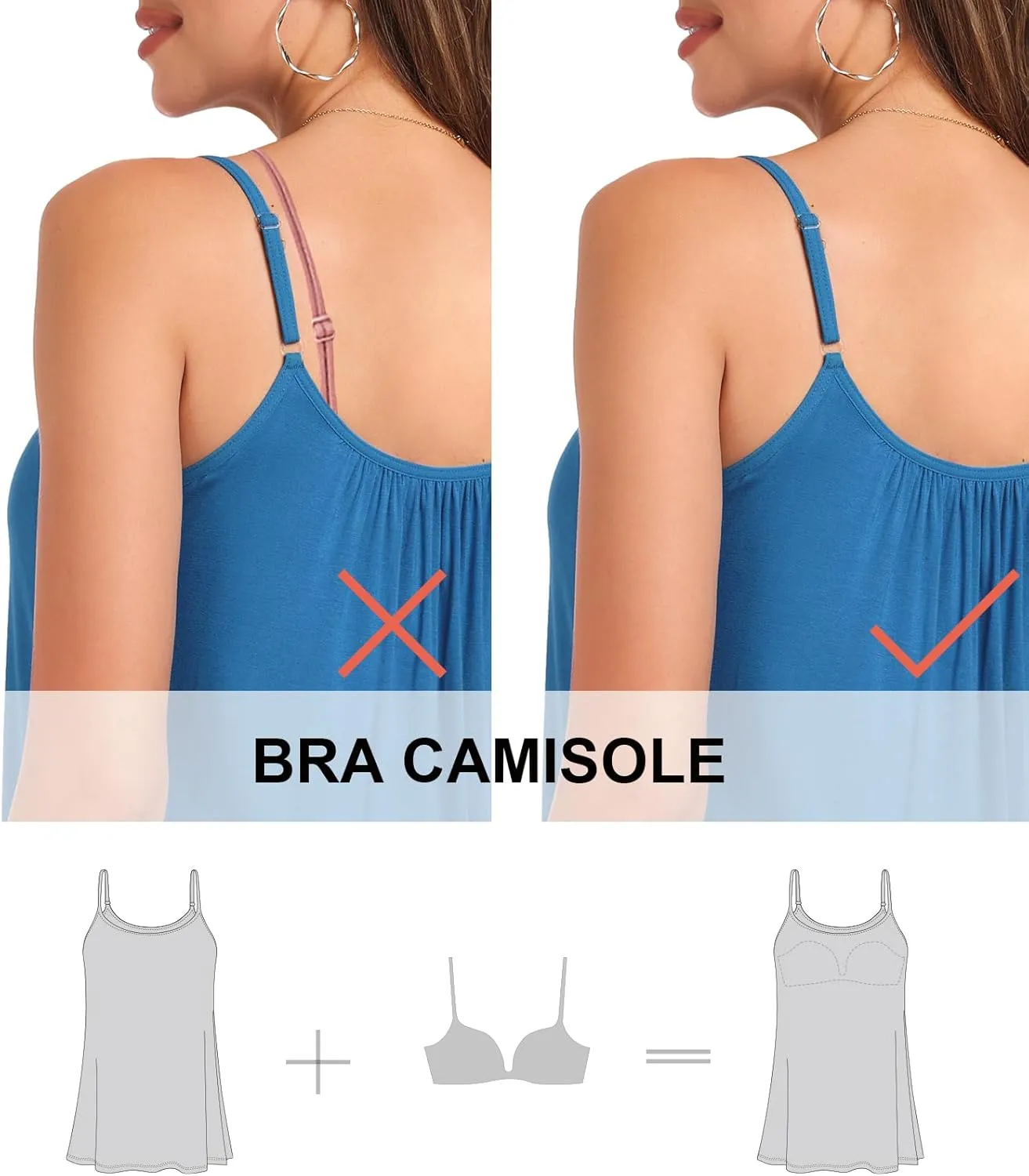 AMVELOP Camisole for Women Built in Bra Casual Pleated Cami Adjustable Spaghetti Strap Tank Top Loose Fit S-XXXXL