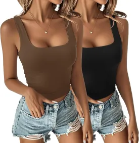 Anbech Womens 2025 Square Neck Tank Tops 2 Pack 3 Pack Sleeveless T Shirt Double Layer Basic Tees