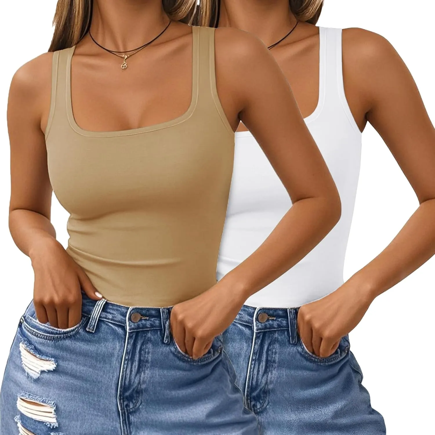 Anbech Womens 2025 Square Neck Tank Tops 2 Pack 3 Pack Sleeveless T Shirt Double Layer Basic Tees