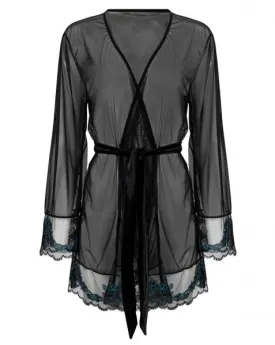 Applique Floral Short Robe - Black/Jewel Blue -