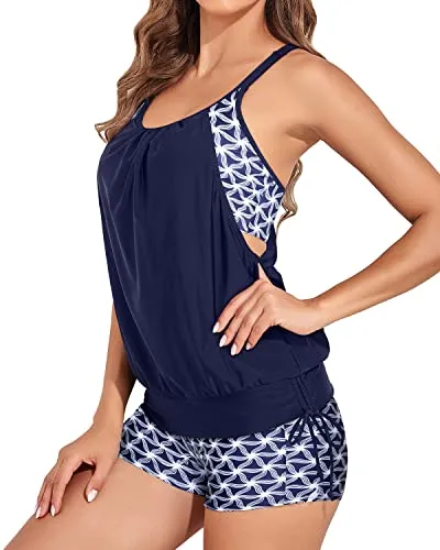 Blouson Double Up Tankini Tops For Women Two Piece Bathing Suits-Blue And White Stars