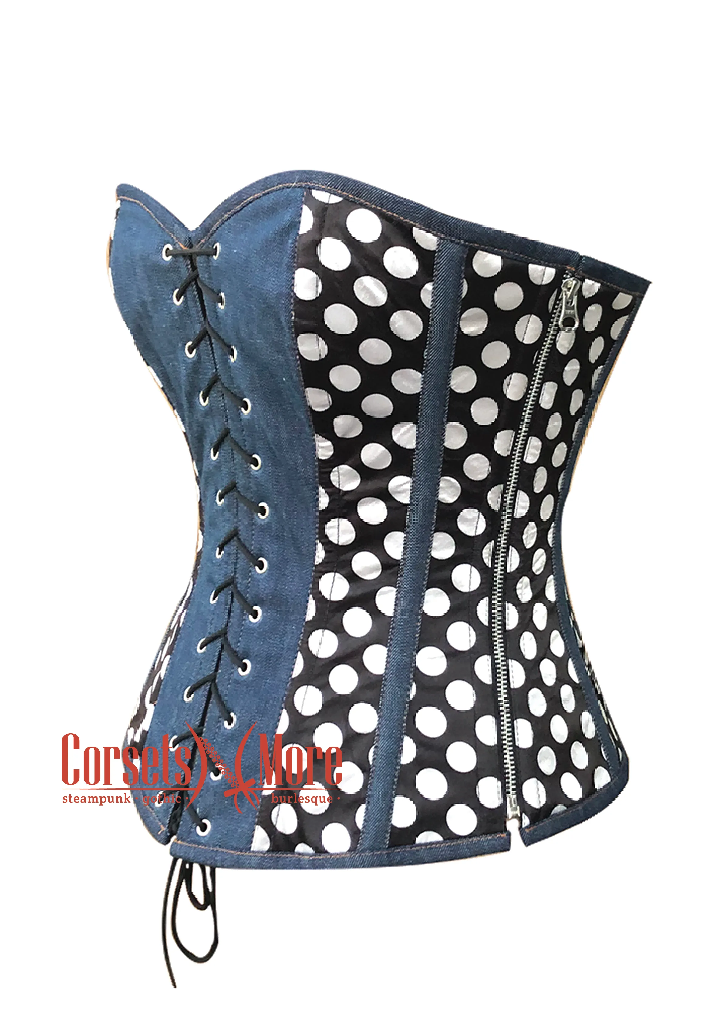 Blue Denim and Polka Dots Satin Gothic Retro Costume Waist Training Overbust Bustier Top