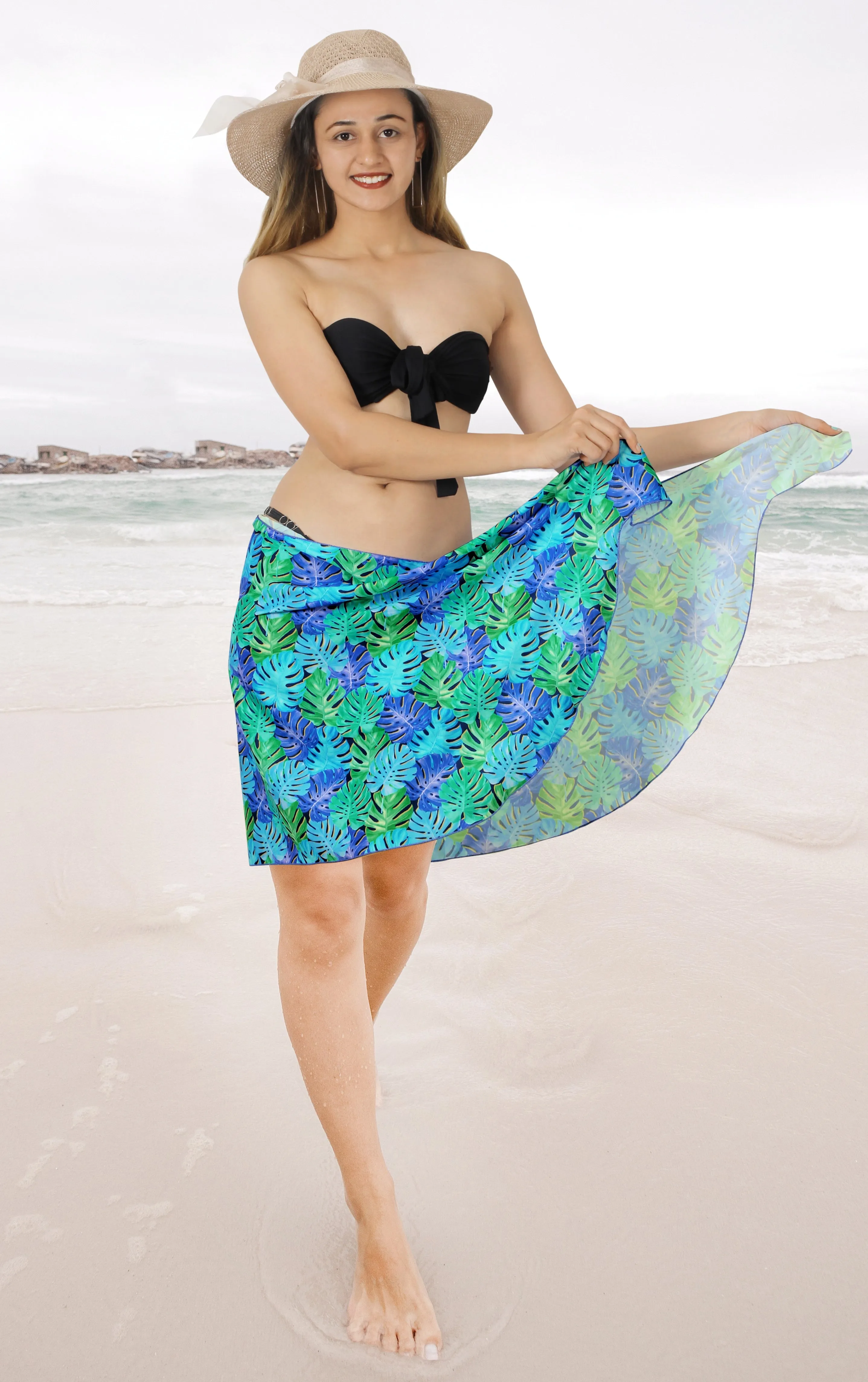 Blue Non-Sheer Allover Monstera Leaves Print Half Beach Wrap For Women