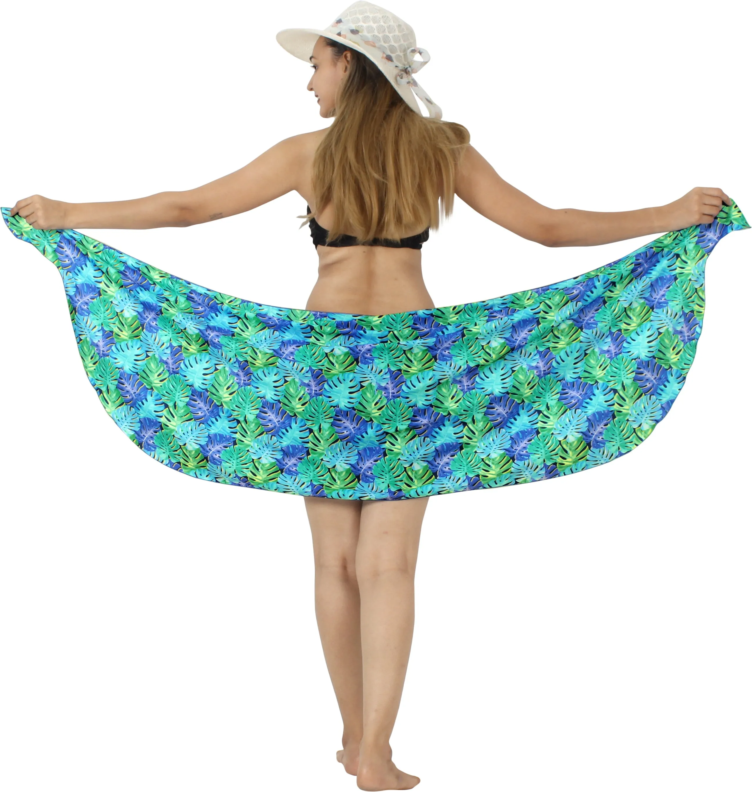 Blue Non-Sheer Allover Monstera Leaves Print Half Beach Wrap For Women