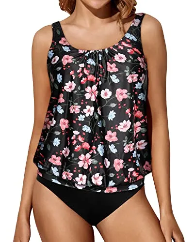 Casual And Chic Blouson Tankini Sets Loose Fitting Tank Tops For Women-Black And Pink Floral