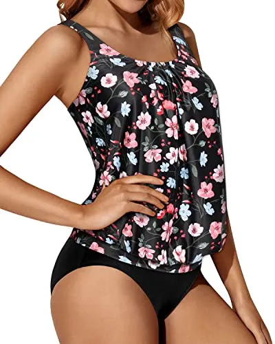 Casual And Chic Blouson Tankini Sets Loose Fitting Tank Tops For Women-Black And Pink Floral