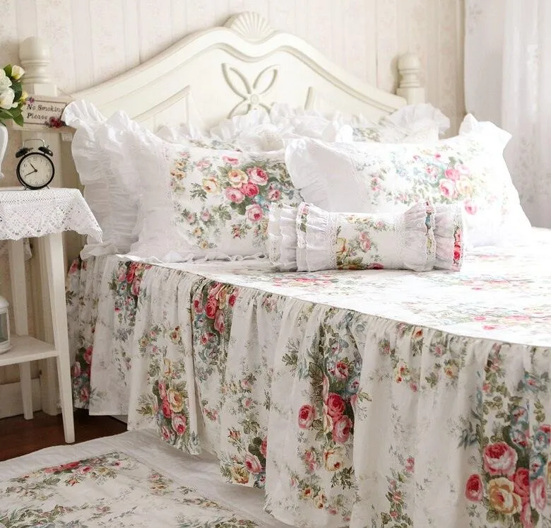 Charming Floral Satin Cotton Bedding Ensemble with Elegant Ruffles