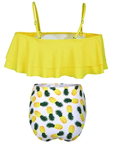 Charming Flounce Off Shoulder High Waisted Bikini Set-Yellow Pineapple