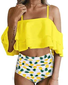 Charming Flounce Off Shoulder High Waisted Bikini Set-Yellow Pineapple