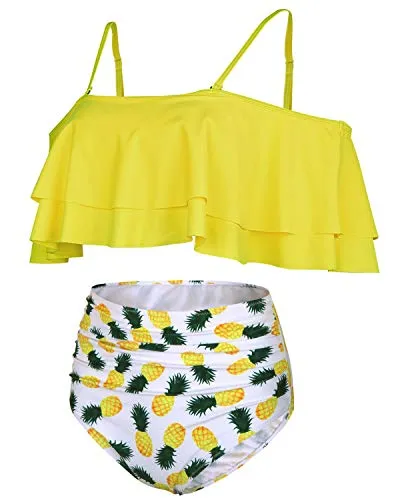 Charming Flounce Off Shoulder High Waisted Bikini Set-Yellow Pineapple
