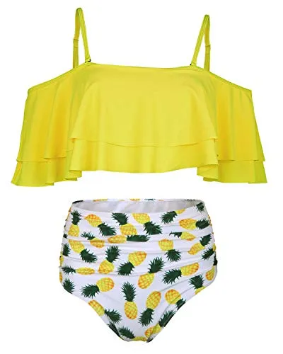 Charming Flounce Off Shoulder High Waisted Bikini Set-Yellow Pineapple