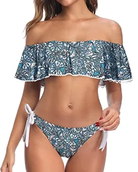 Cheeky Hipster Off Shoulder Ruffle Bikini For Women-Blue Floral