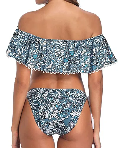 Cheeky Hipster Off Shoulder Ruffle Bikini For Women-Blue Floral