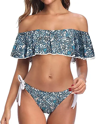 Cheeky Hipster Off Shoulder Ruffle Bikini For Women-Blue Floral