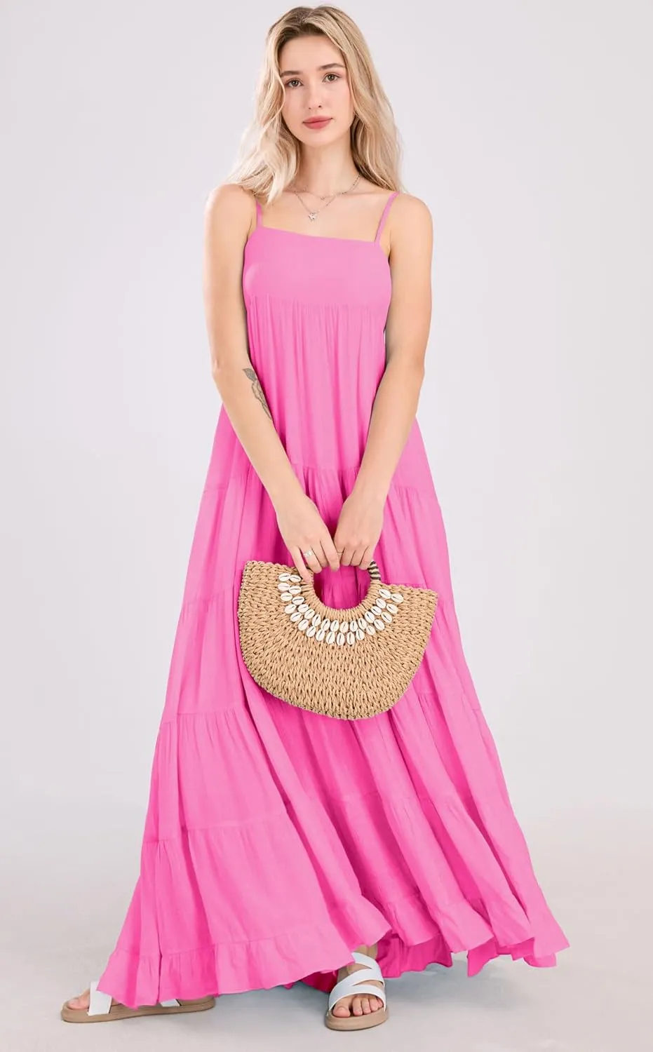chouyatou Women's Summer Boho Flowy Spaghetti Strap Maxi Dress Smocked Back Casual Swing Beach Sundress