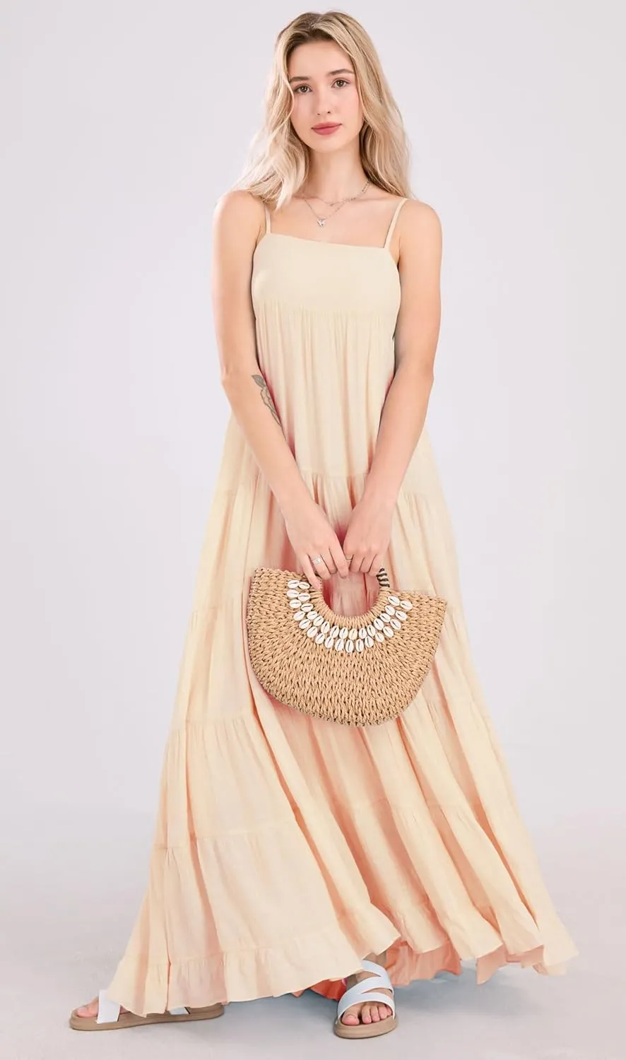 chouyatou Women's Summer Boho Flowy Spaghetti Strap Maxi Dress Smocked Back Casual Swing Beach Sundress