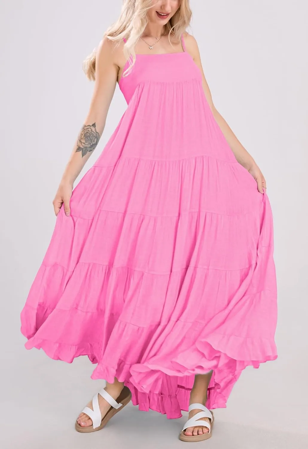 chouyatou Women's Summer Boho Flowy Spaghetti Strap Maxi Dress Smocked Back Casual Swing Beach Sundress
