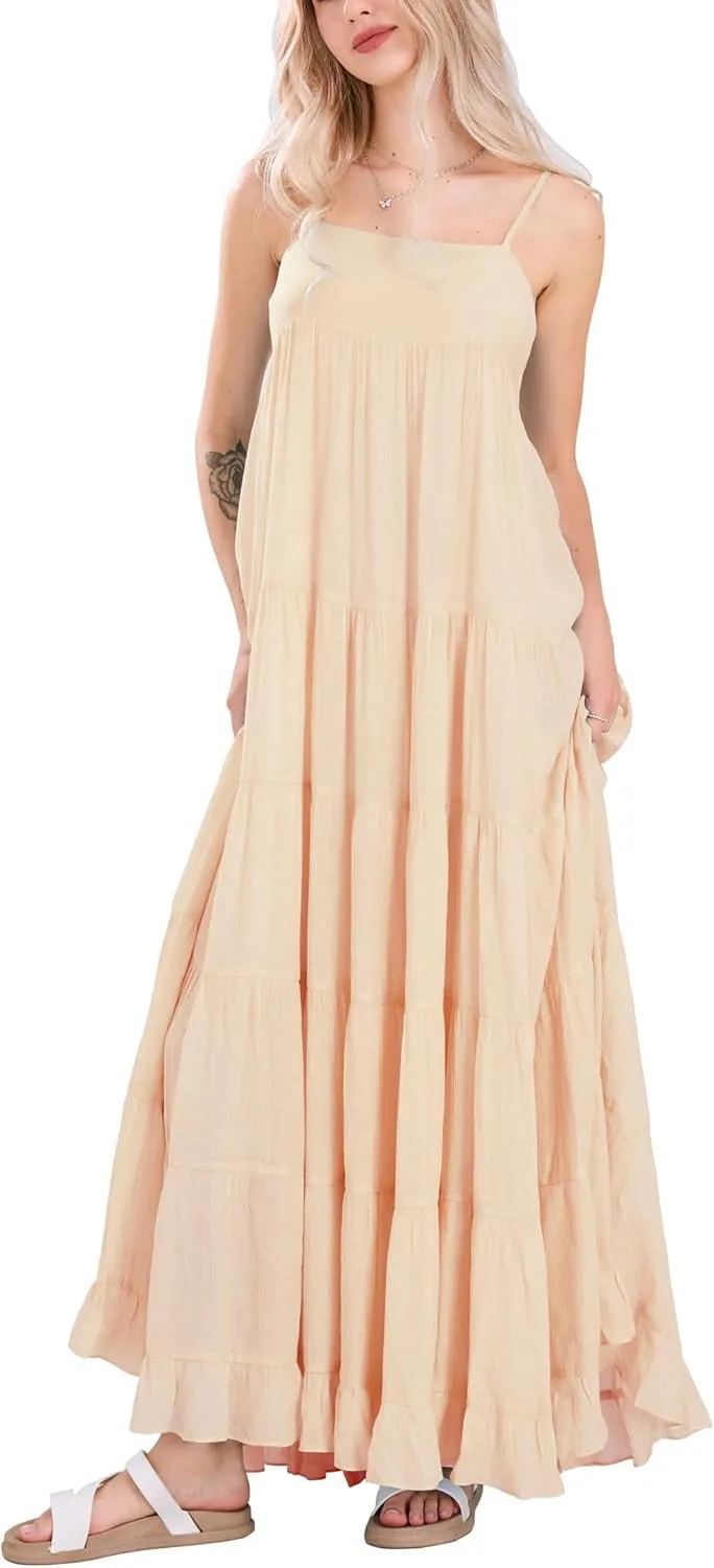 chouyatou Women's Summer Boho Flowy Spaghetti Strap Maxi Dress Smocked Back Casual Swing Beach Sundress