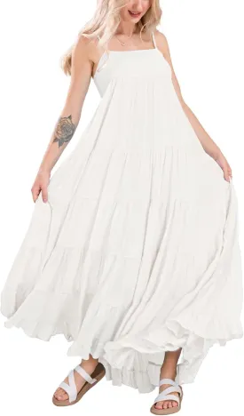 chouyatou Women's Summer Boho Flowy Spaghetti Strap Maxi Dress Smocked Back Casual Swing Beach Sundress