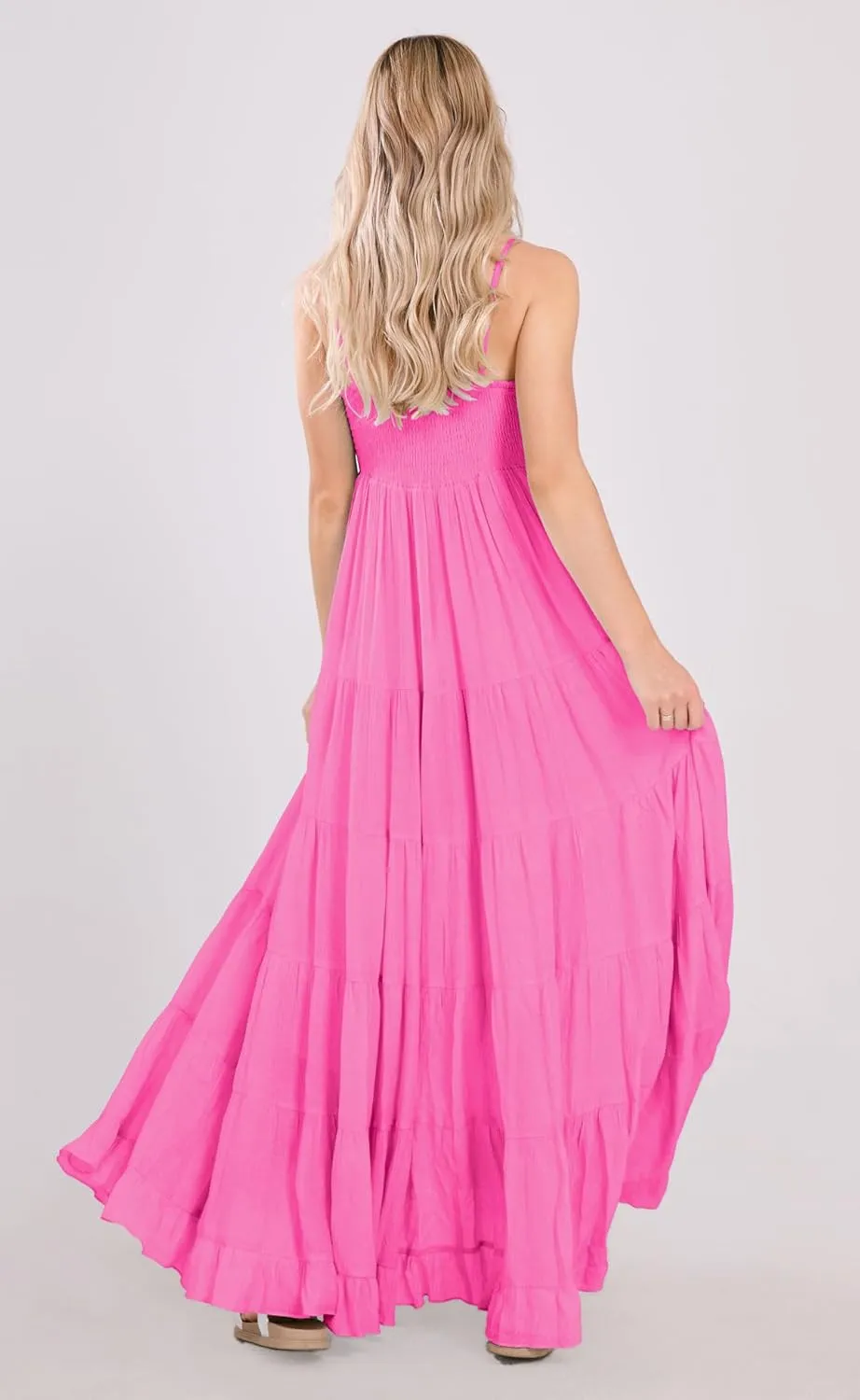 chouyatou Women's Summer Boho Flowy Spaghetti Strap Maxi Dress Smocked Back Casual Swing Beach Sundress