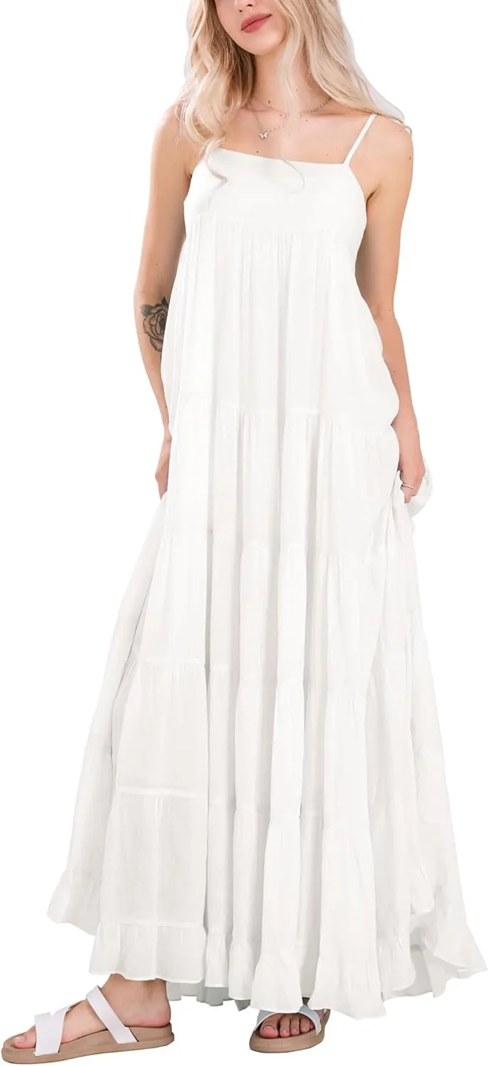 chouyatou Women's Summer Boho Flowy Spaghetti Strap Maxi Dress Smocked Back Casual Swing Beach Sundress